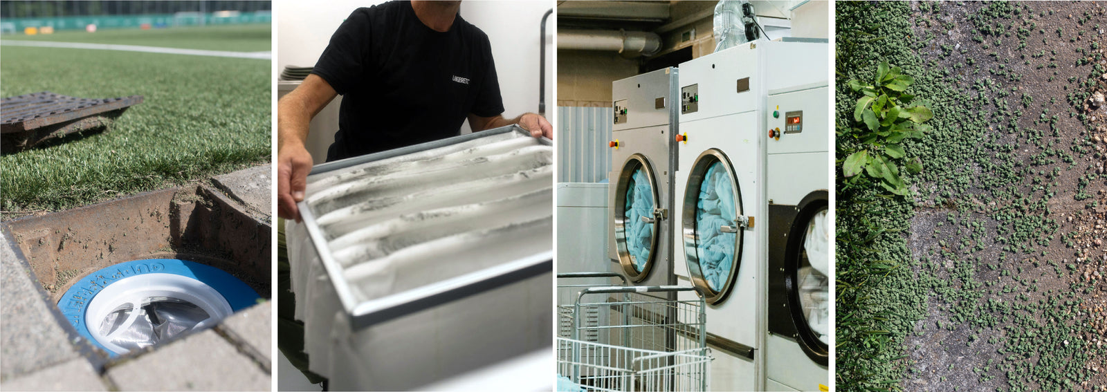 Ein Bild mit 4.Bildern. Auf dem ersten Bild sieht man auf einem Fußballfeld einen Gully in den in ein Kunstrasen Filter von Guppyfriends eingesetzt wurde.
Auf dem 2.Bild ist eine Person die einen Riesen großen Filter in der Hand hält.
Auf dem 3.Bild sind drei Industrie Waschmaschine zu sehen die gerade Waschen. 4.Bild Den Rand eines Kunstrasens ist auf dem 4 bild zu erkennen und die dort  enthaltenen Plastikpartikl also das Infill Material welches sich nun nicht nur im Kunstrasen sondern auf dem Beton.