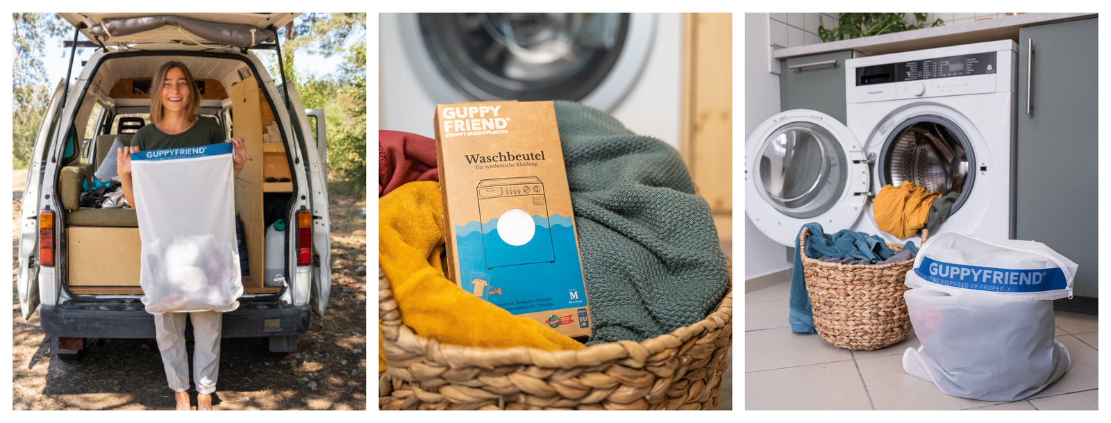 Ein Bild bestehend aus drei Bildern
ganz links ist eine Person freudestrahlend vor einem Van mit einem von Klamotten gefüllten Waschbeutel in der Hand. In dem Bild in der Mitte steht ein Wäschekorb vor der Waschmaschine gefüllt mit Wäsche und einem noch verpackten Guppyfriend Waschbeutel und ganz rechts in dem Bild  befindet sich ein Wachbeutel der von Wäsche gefüllt ist vor der Waschmaschine
